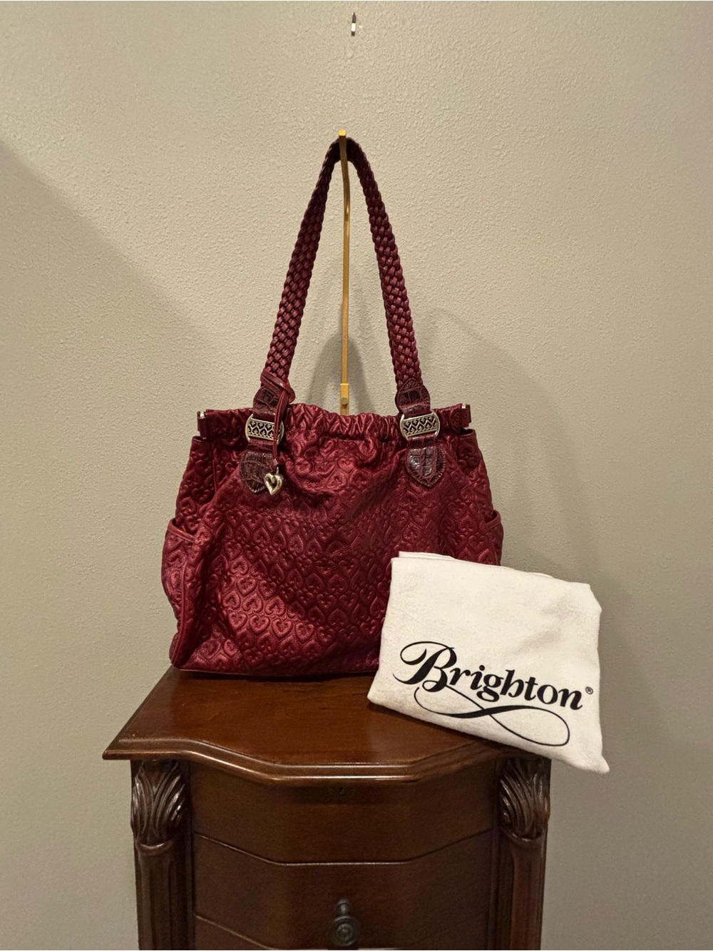 Brighton E042361 Red Metallic Embossed Quilted Heart Shoulder Bag Burgundy EUC
